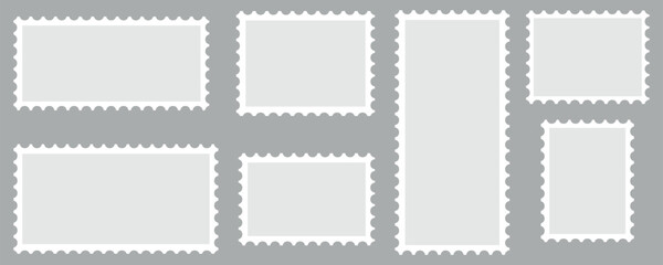 Light Postage Stamps vector collection. Mockup postage stamps with shadow. Blank postage stamp borders template collection. Realistic post stamps set, Postage Stamps in flat design,