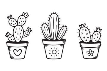 Continuous Line Drawing of Vector Set of Cute Cactus Black and White Sketch House Plants Isolated on White Background. Potted Cactus Family Line Hand Drawn Illustration