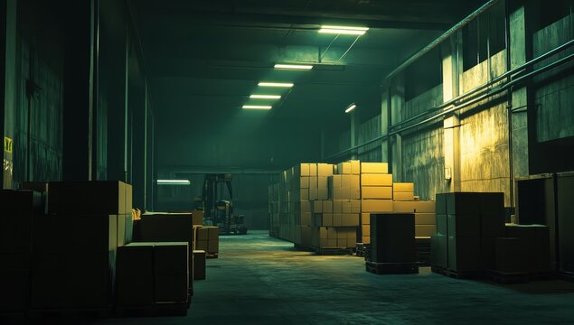 sleek warehouse setting with neatly stacked cardboard boxes and pallets, illuminated by bright artificial lighting