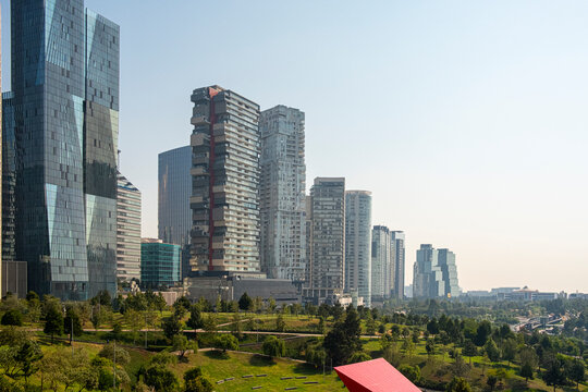 Santa Fe skyline in Mexico City with high-rise towers, green park, and modern architecture, ideal for urban development, business, and corporate visuals.