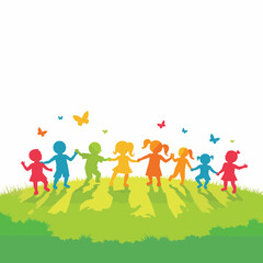 Fototapeta premium Abstract children dancing joyfully on green grass, playful expression