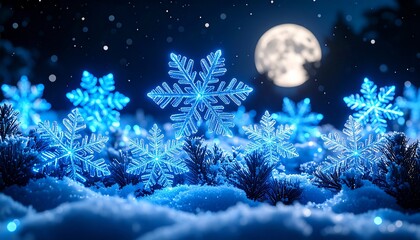 Enchanted Winter Night Glowing Blue Snowflakes Under the Full Moon
