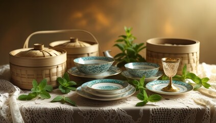 Fototapeta premium Traditional Japanese House with Rice Terraces and Serene Mountain Backdrop