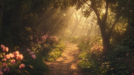 Naklejka premium A sunlit path winding through a lush forest with flowers and trees casting shadows on the ground