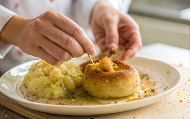 Chef presenting a gourmet meal featuring a bread bowl filled with delicious food and mashed potatoes