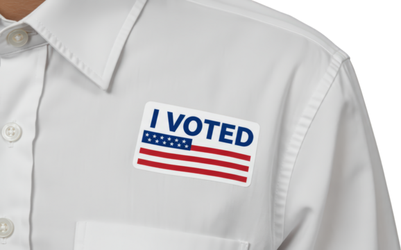 Close up of I Voted Sticker on White Shirt American Election Day