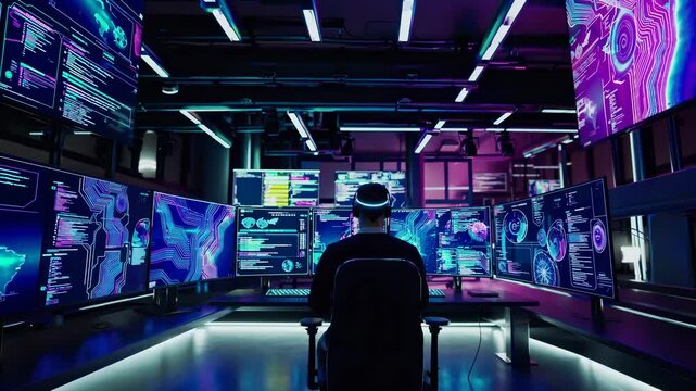 Programmer in neon-lit room uses AI coding system. Futuristic workspace shows advanced coding interface. Technology drives coding display with AI-powered visuals and interface management.