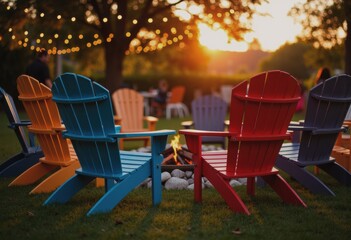 Colorful folding chairs arranged around a firepit, ready for an evening bonfire