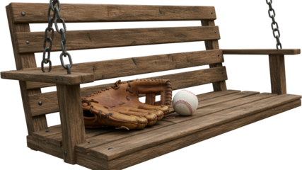 Rustic Wooden Swing Set with Baseball Glove and Ball Outdoor Leisure and Sport