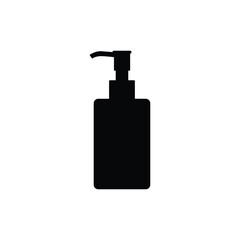 Fototapeta premium Silhouette icon of a hand sanitizer bottle with a pump dispenser, depicted against a white background. The bottle has a rectangular shape with a narrow neck and a spout tilted to the side.