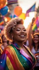 Obraz premium Pride parade celebration happy woman rainbow flag lgbtq community diversity event
