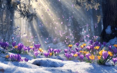 Obraz premium Enchanting winter scene of crocuses blooming through the snow in a magical forest