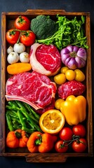 Wooden tray overflowing with vibrant, raw beef steaks nestled amongst an array of colorful vegetables and citrus fruit, ready for preparation