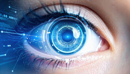 Innovation research eye technology digital futuristic close up human blue interface