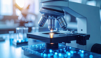 Microscope innovation research laboratory with glowing digital interface showing advanced scientific study and technology progress medical field