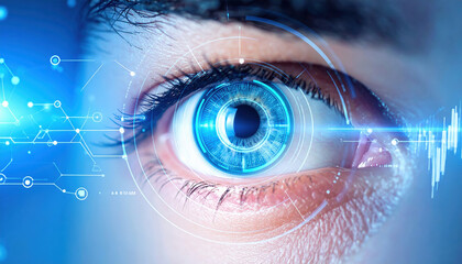 Close up of human eye with digital interface elements showcasing innovation and research in futuristic technology and biometric scanning