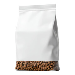 A sealed bag filled with round dry pet food pellets.