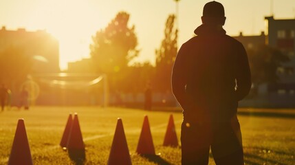 Silhouetted sports coach observing sunset training session on field with cones