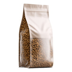 A sealed plastic bag filled with brown dry pet food pellets.