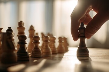 Hand of a businesswoman moving a chess piece in a game, with a blurred background featuring sunlight and a reflection on the board