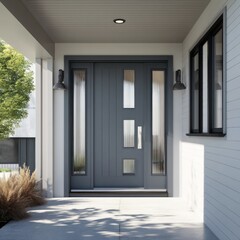 Dark grey fiberglass entry door with sleek design, perfect for modern residential homes.