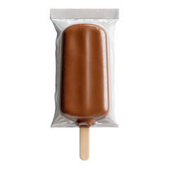 Chocolate-covered ice cream bar on a wooden stick in sealed packaging.