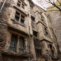 Weathered building exterior with chipped plaster and broken windows showing neglect.