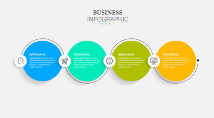Business Infographics template. Timeline with 4 steps, circles, options and marketing icons. Vector linear infographic elements.