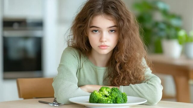 Teenage Girl Reluctantly Facing a Plate of Broccoli