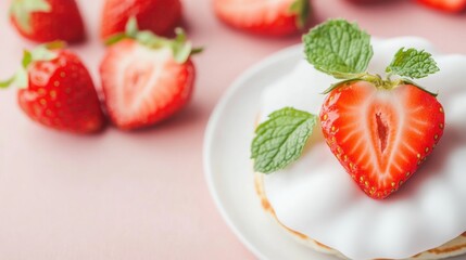 Delicious strawberries sit atop a creamy dessert, accented with fresh mint leaves, inviting indulgence in a cheerful atmosphere