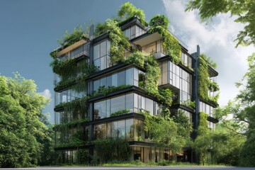Environmentally friendly building with modern design, sustainable features, and greenery surrounding it.