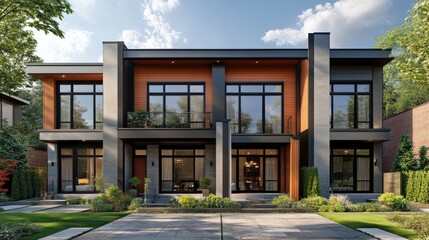 Obraz premium A modern industrial townhouse in the city, large steel-framed windows, an elegant blend of wood and concrete, open-concept layout, a touch of greenery, bright and fresh ambiance, ultra-HD photorealism