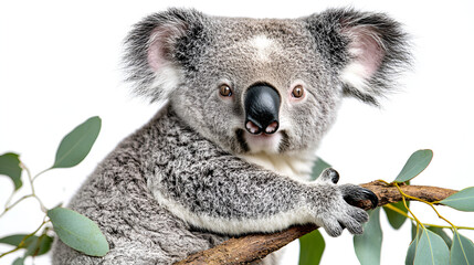 Obraz premium A close-up portrait of a koala bear perched on a eucalyptus branch, looking directly at the viewer.