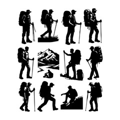 Big set of mountaineer climber hiker people, vector silhouette collection
