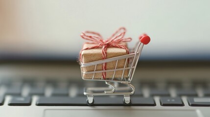 A small shopping cart carries a neatly wrapped gift on a laptop keyboard, highlighting the trend of online shopping for special occasions