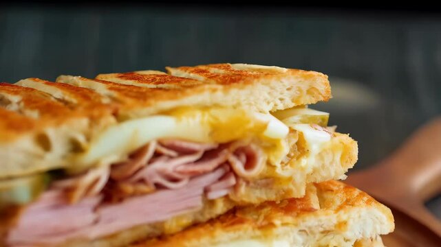 Stacked grilled sandwich featuring sliced ham, cheese, and pickles on crusty bread with grill marks, stacked on a wooden plate