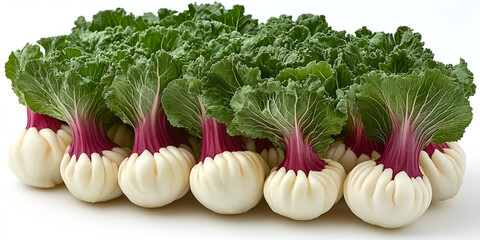 A group of fresh, vibrant tatsoi vegetables with white bulbs, purple stems, and green leaves are arranged closely together.