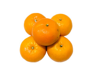 five tangerines neatly arranged on a white background
