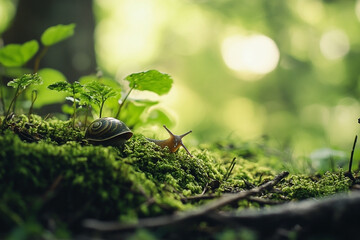 Whimsical snail in a lush green micro-landscape illuminated by soft light