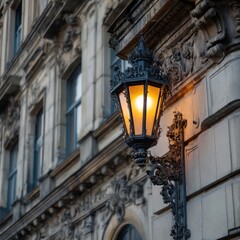 Elegant vintage facade with ornate design and a softly glowing lantern, creating a charming atmosphere.