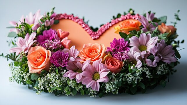 A heart shaped floral arrangement blooming with love roses and daisies as a symbol of affection and heartfelt sentiment