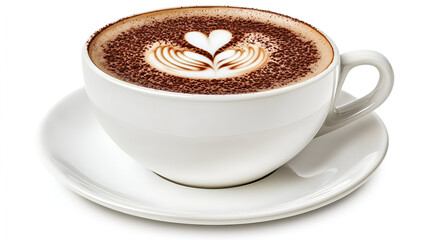 A white cup of cappuccino with latte art forming a heart shape, sprinkled with chocolate powder, resting on a matching saucer.