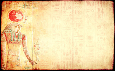Horizontal background with ancient Egyptian-inspired colorful wall painting that evokes atmosphere...