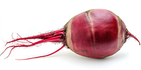 A single, whole beetroot with its red roots, isolated on white.