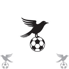 Black Flying Bird Standing on Soccer Ball Silhouette for Sports and Team Mascot Design