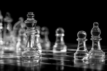 Black and white chess board with glass pieces on it, on a black background, minimalism, high-resolution photography, high detail, 