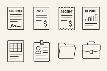 Contract, invoice, receipt, and report icons: essentials of business documentation.