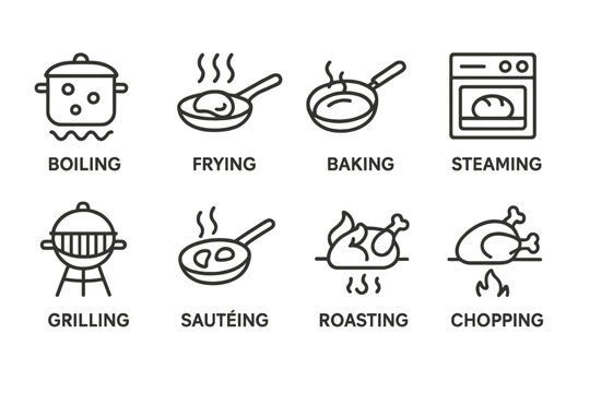Cooking methods icons: boiling, frying, baking, steaming, grilling, sautéing, roasting, chopping.