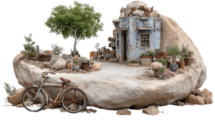 Quaint Oasis on a Boulder: An enchanting scene, a weathered dwelling is nestled against a giant rock, with a vintage bicycle nearby. It's a story of tranquility and solitude. 