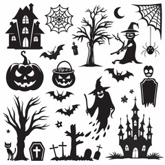 Haunted House Edition, Halloween Silhouettes, Set of Happy Halloween design elements on white background